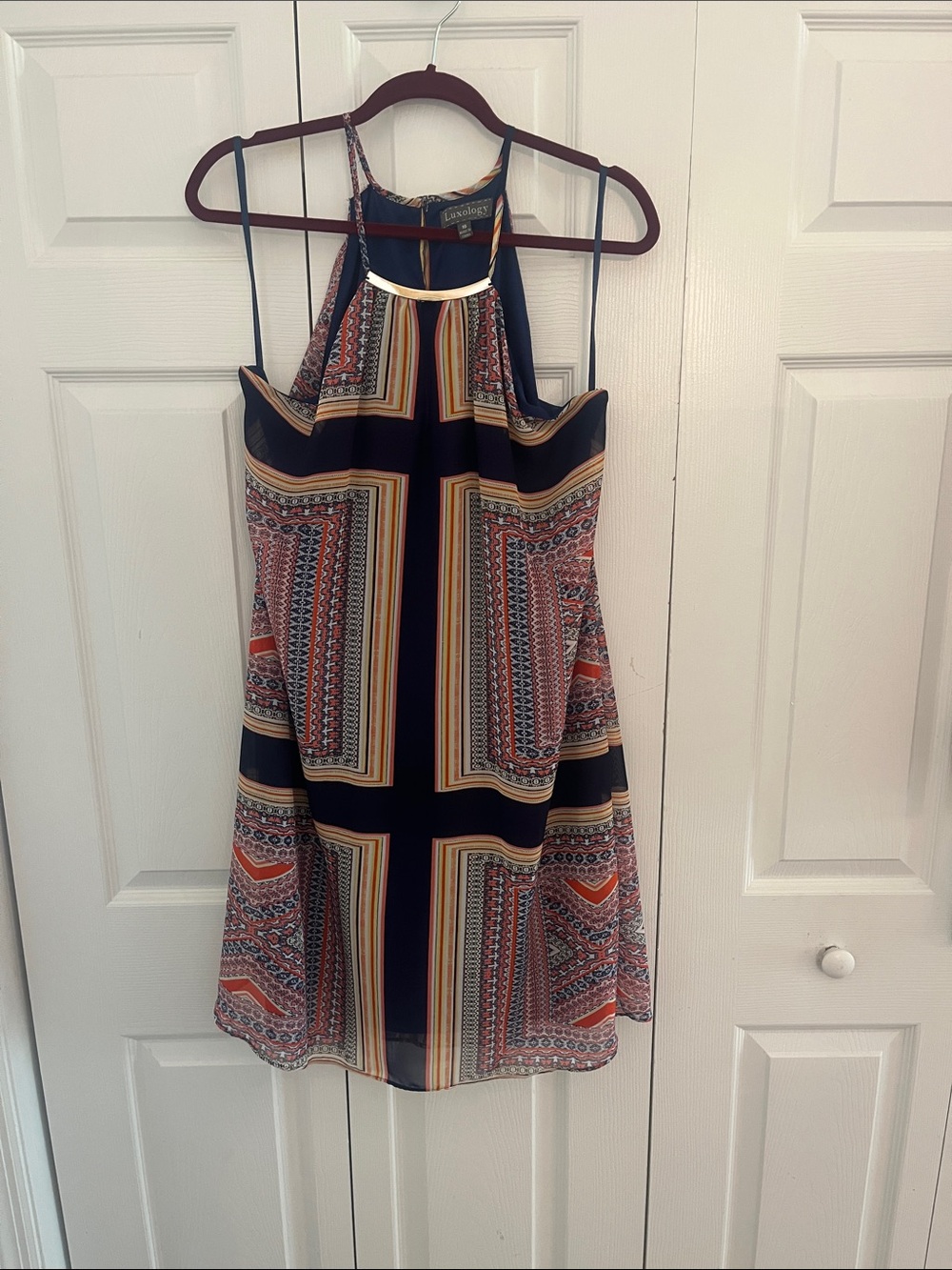 Luxology Navy and Orange Printed Halter Mini Dress